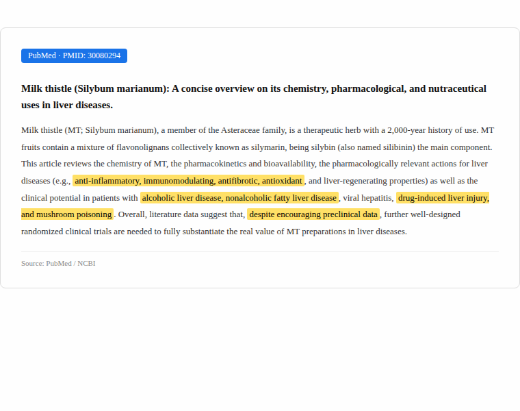 간건강 밀크씨슬 관련 임상 논문 초록 캡처